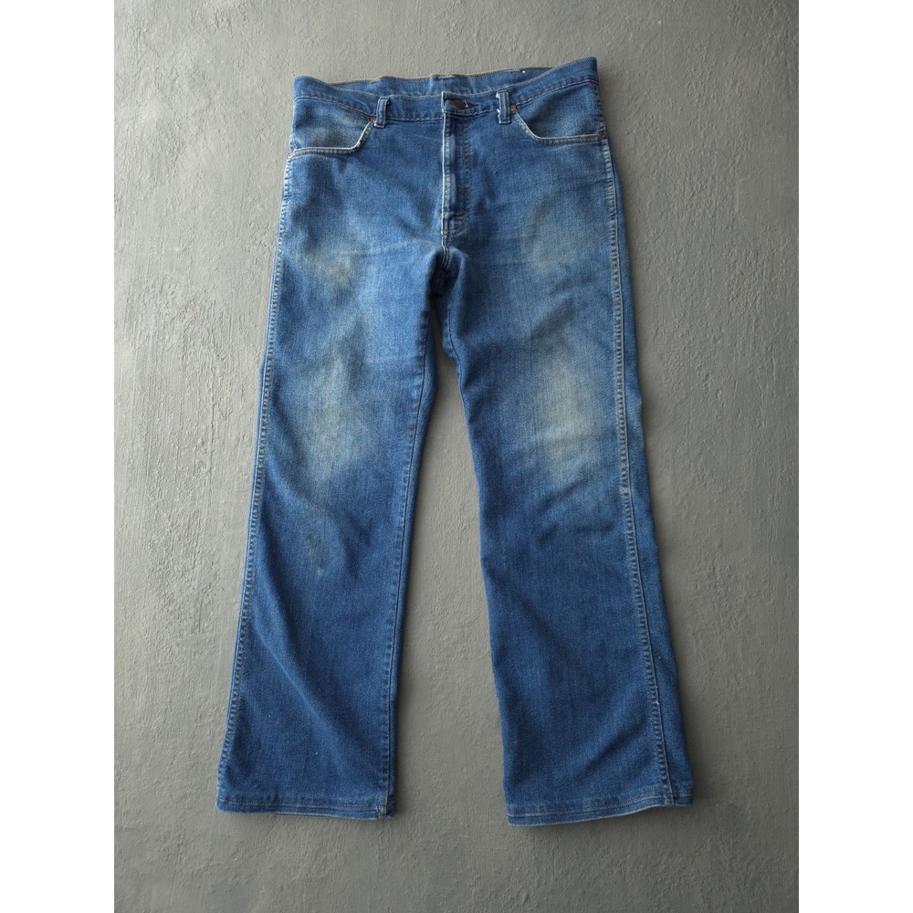 Vintage 1970s Sears Trim Fit Blue Denim Flare Leg Jeans Stretch 33 x 28